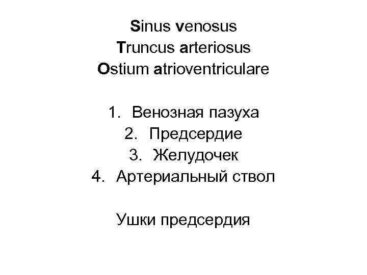 Sinus venosus Truncus arteriosus Ostium atrioventriculare 1. Венозная пазуха 2. Предсердие 3. Желудочек 4.