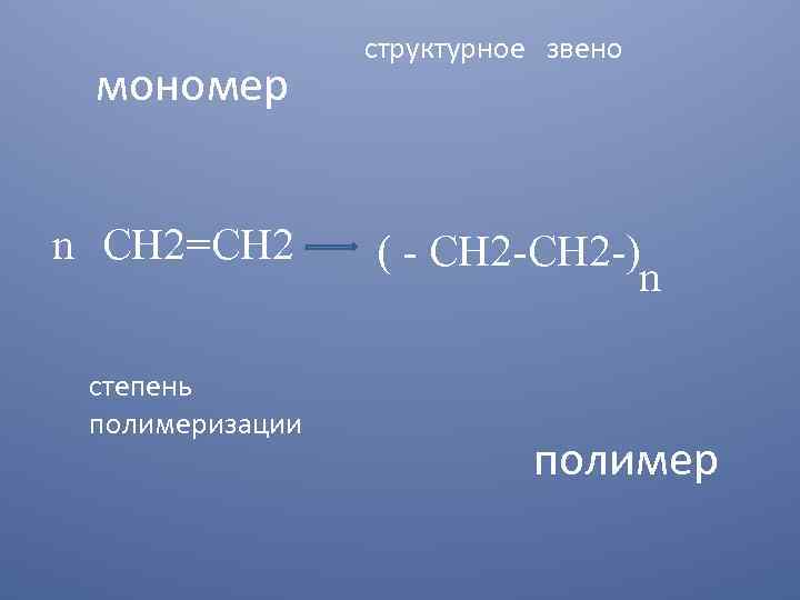мономер n CH 2=CH 2 степень полимеризации структурное звено ( - CH 2 -)