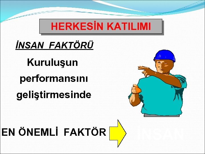 HERKESİN KATILIMI İNSAN FAKTÖRÜ Kuruluşun performansını geliştirmesinde EN ÖNEMLİ FAKTÖR İNSAN 