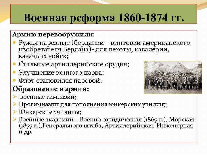 Военная реформа 1860 -1874 гг. Армию перевооружили: Ружья нарезные (берданки – винтовки американского изобретателя