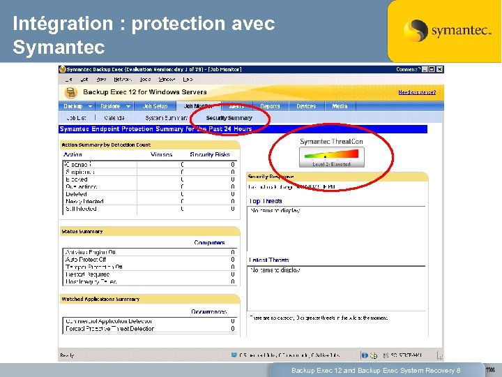 Intégration : protection avec Symantec • Backup Exec tracks Threat. Con status via Symantec