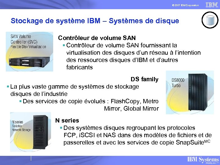 © 2007 IBM Corporation Stockage de système IBM – Systèmes de disque Contrôleur de