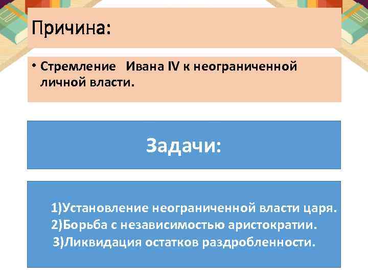 Причина: • Стремление Ивана ΙV к неограниченной личной власти. Задачи: 1)Установление неограниченной власти царя.