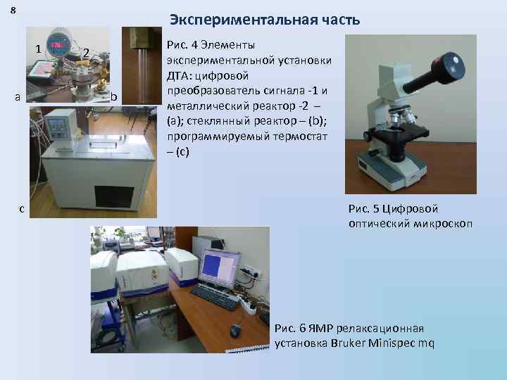 8 Экспериментальная часть 1 a c 2 b Рис. 4 Элементы экспериментальной установки ДТА: