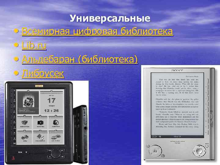 Универсальные • Всемирная цифровая библиотека • Lib. ru • Альдебаран (библиотека) • Либрусек 