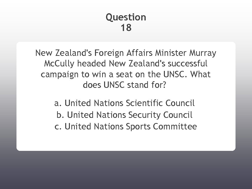 Question 18 New Zealand's Foreign Affairs Minister Murray Mc. Cully headed New Zealand's successful