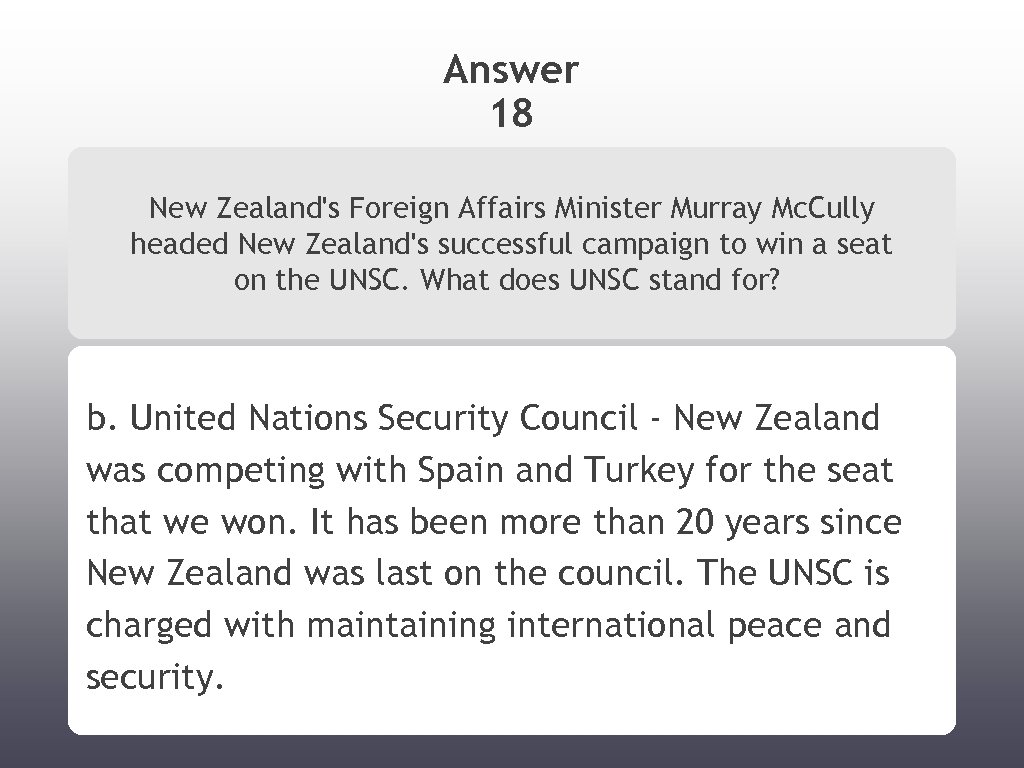 Answer 18 New Zealand's Foreign Affairs Minister Murray Mc. Cully headed New Zealand's successful
