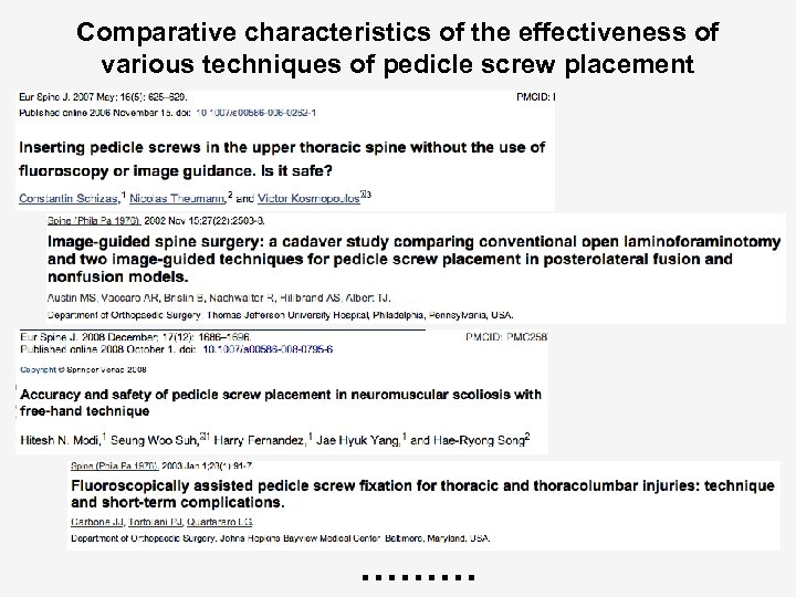 Comparative characteristics of the effectiveness of various techniques of pedicle screw placement ……… 