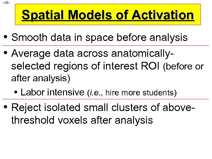 – 26– Spatial Models of Activation • Smooth data in space before analysis •