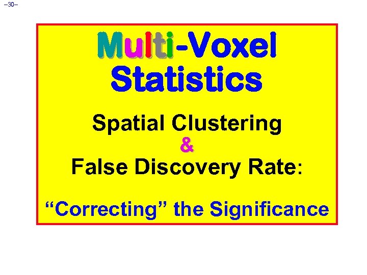 – 30– Multi -Voxel Statistics Spatial Clustering & False Discovery Rate: “Correcting” the Significance