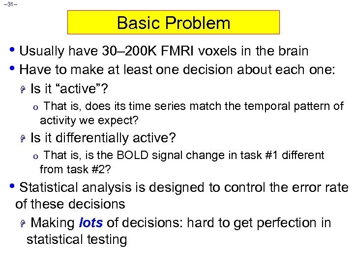 – 31– Basic Problem • Usually have 30– 200 K FMRI voxels in the