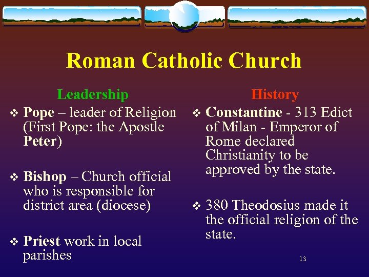 Roman Catholic Church Leadership v Pope – leader of Religion (First Pope: the Apostle