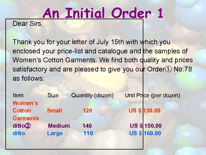 An Initial Order 1 Dear Sirs, Thank you for your letter of July 15