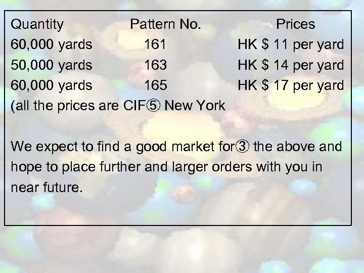 Quantity Pattern No. Prices 60, 000 yards 161 HK $ 11 per yard 50,