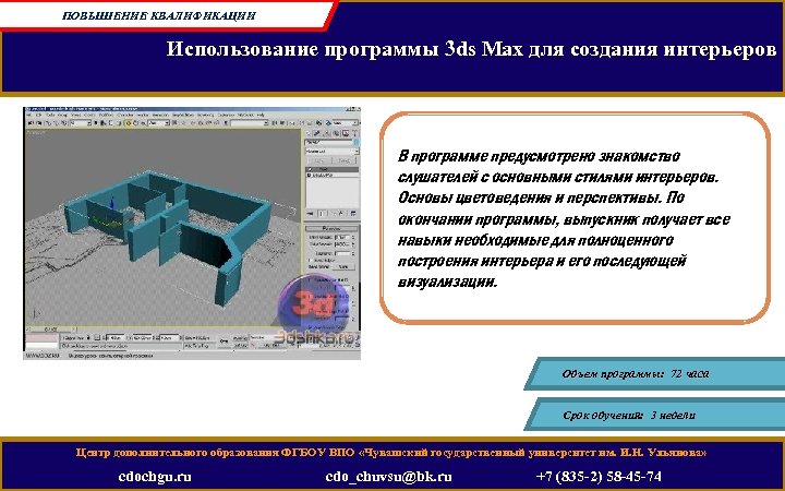 ПОВЫШЕНИЕ КВАЛИФИКАЦИИ Использование программы 3 ds Max для создания интерьеров В программе предусмотрено знакомство