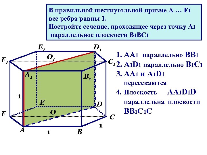 В правильной шестиугольной призме A … F 1 все ребра равны 1. Постройте сечение,