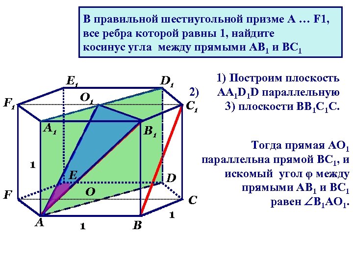 В правильной шестиугольной призме A … F 1, все ребра которой равны 1, найдите