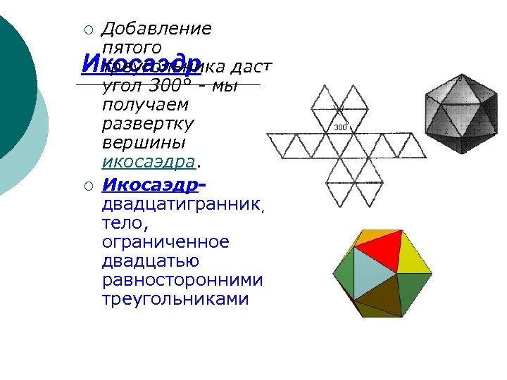 Добавление пятого Икосаэдр даст треугольника угол 300° - мы получаем развертку вершины икосаэдра. ¡
