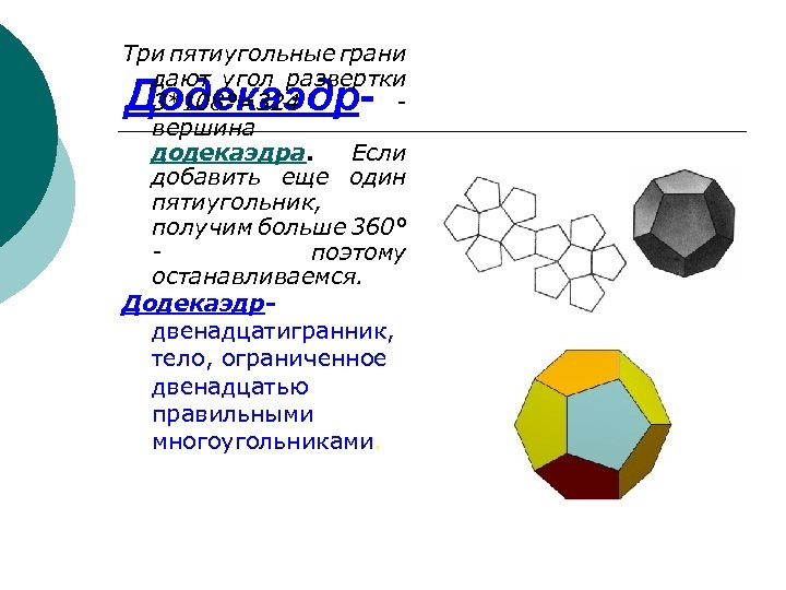 Три пятиугольные грани дают угол развертки 3*108°=324 вершина додекаэдра. Если добавить еще один пятиугольник,