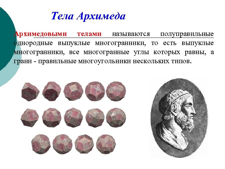 Тела Архимедовыми телами называются полуправильные однородные выпуклые многогранники, то есть выпуклые многогранники, все многогранные