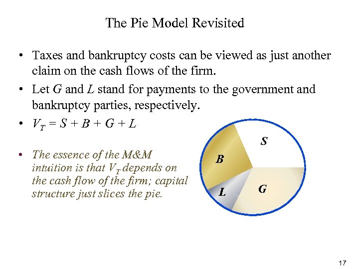 The Pie Model Revisited • Taxes and bankruptcy costs can be viewed as just