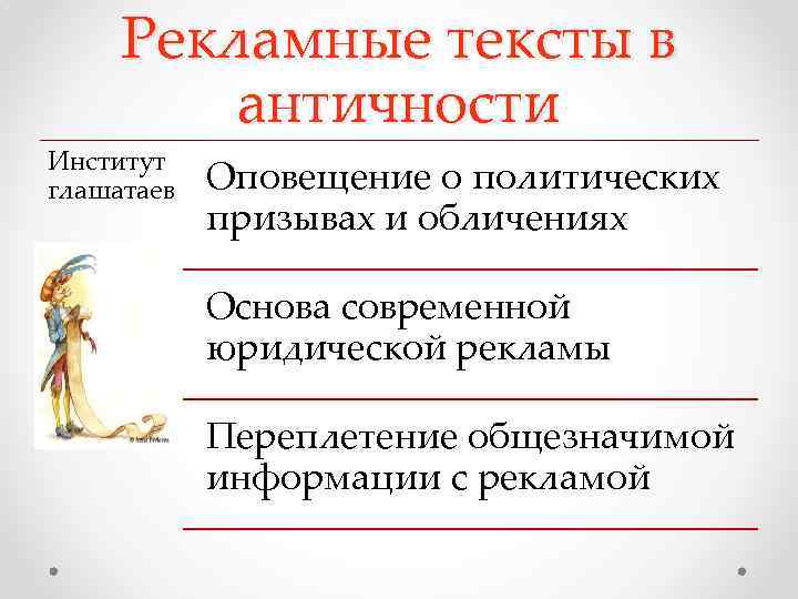 Рекламные тексты в античности Институт глашатаев Оповещение о политических призывах и обличениях Основа современной