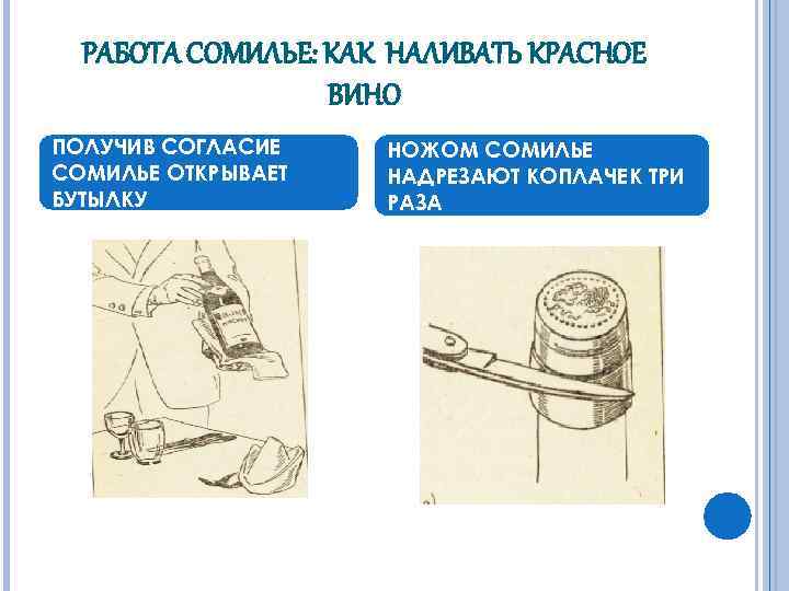 РАБОТА СОМИЛЬЕ: КАК НАЛИВАТЬ КРАСНОЕ ВИНО ПОЛУЧИВ СОГЛАСИЕ СОМИЛЬЕ ОТКРЫВАЕТ БУТЫЛКУ НОЖОМ СОМИЛЬЕ НАДРЕЗАЮТ