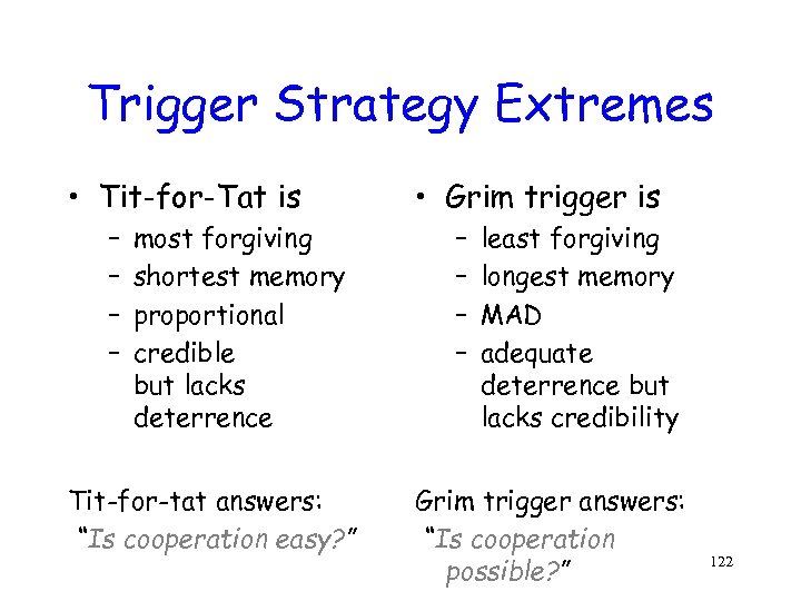 Trigger Strategy Extremes • Tit-for-Tat is – – most forgiving shortest memory proportional credible