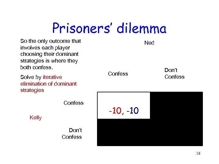 Prisoners’ dilemma So the only outcome that involves each player choosing their dominant strategies