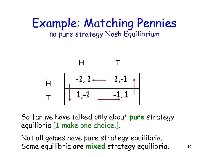 Example: Matching Pennies no pure strategy Nash Equilibrium H H T T -1, 1