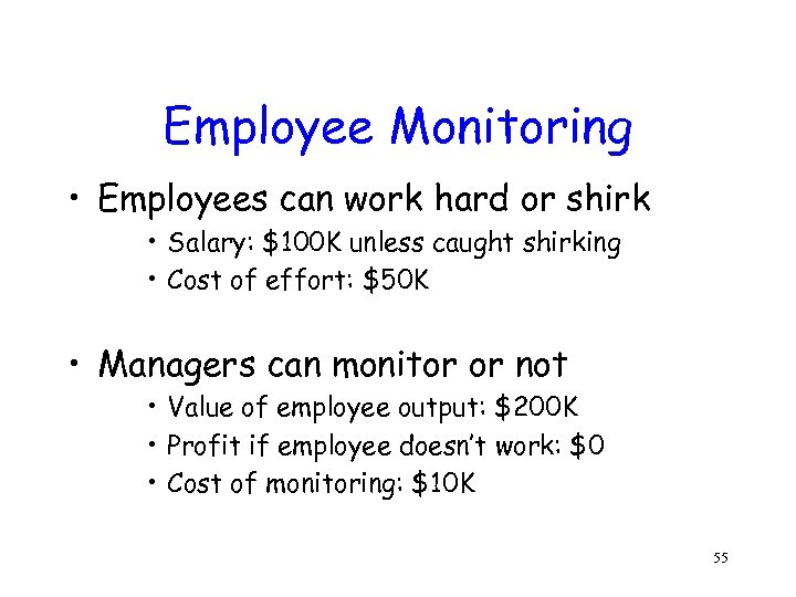 Employee Monitoring • Employees can work hard or shirk • Salary: $100 K unless