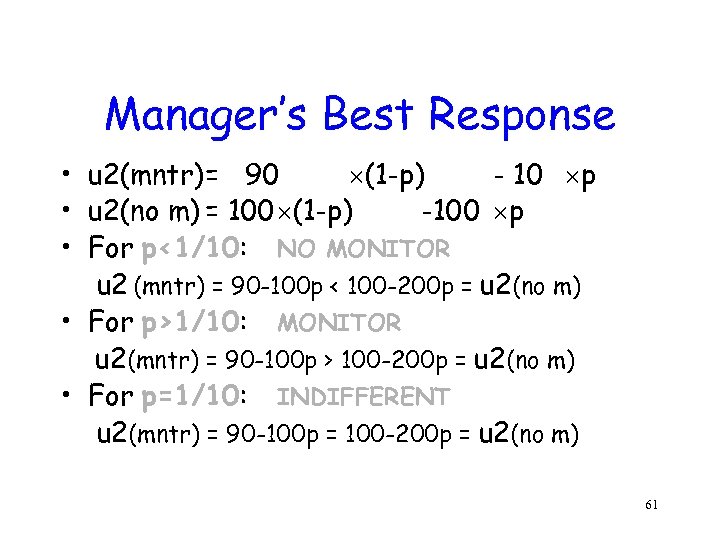 Manager’s Best Response • u 2(mntr)= 90 (1 -p) - 10 p • u