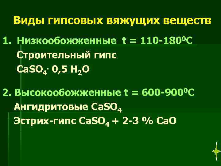 Виды гипсовых вяжущих веществ 1. Низкообожженные t = 110 -1800 C Cтроительный гипс Ca.