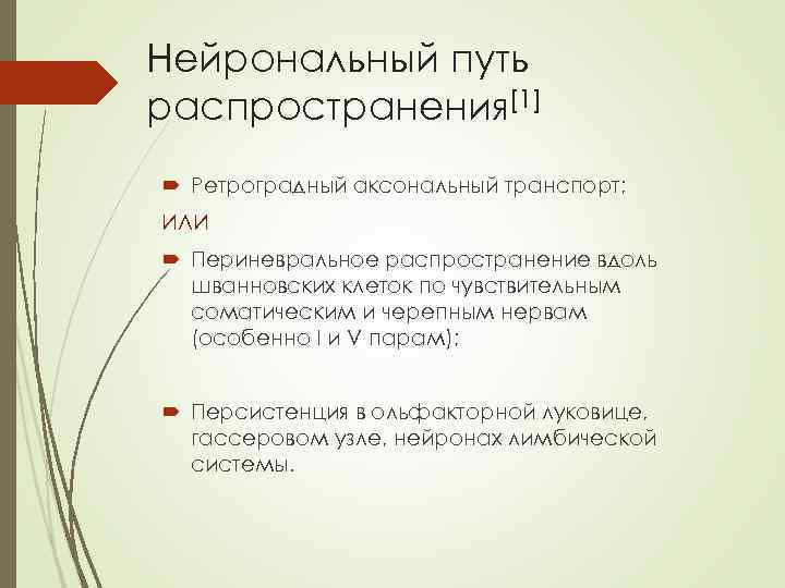 Нейрональный путь распространения[1] Ретроградный аксональный транспорт; ИЛИ Периневральное распространение вдоль шванновских клеток по чувствительным