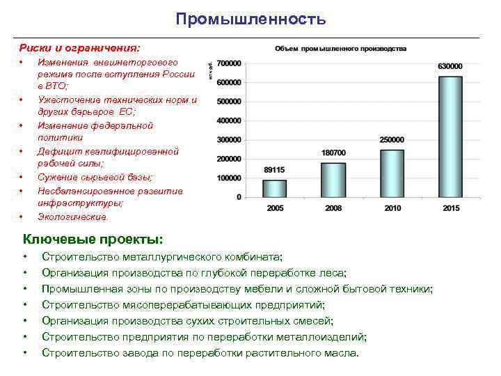 Промышленность Риски и ограничения: • Изменения внешнеторгового режима после вступления России в ВТО; Ужесточение