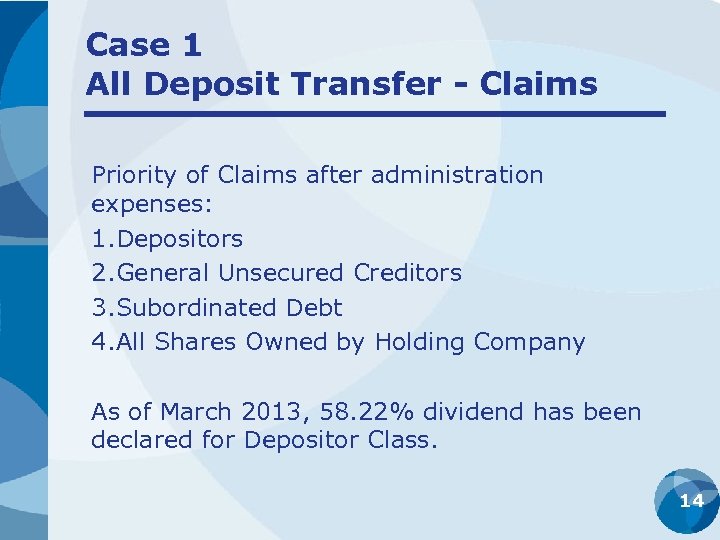 Case 1 All Deposit Transfer - Claims Priority of Claims after administration expenses: 1.