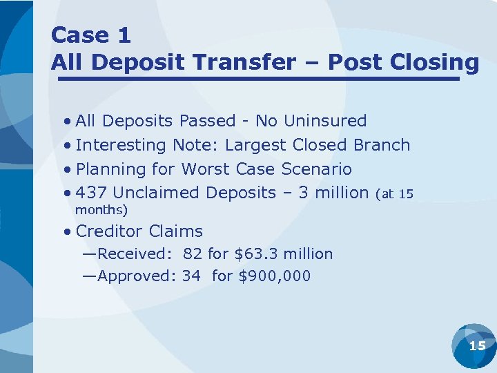 Case 1 All Deposit Transfer – Post Closing • All Deposits Passed - No