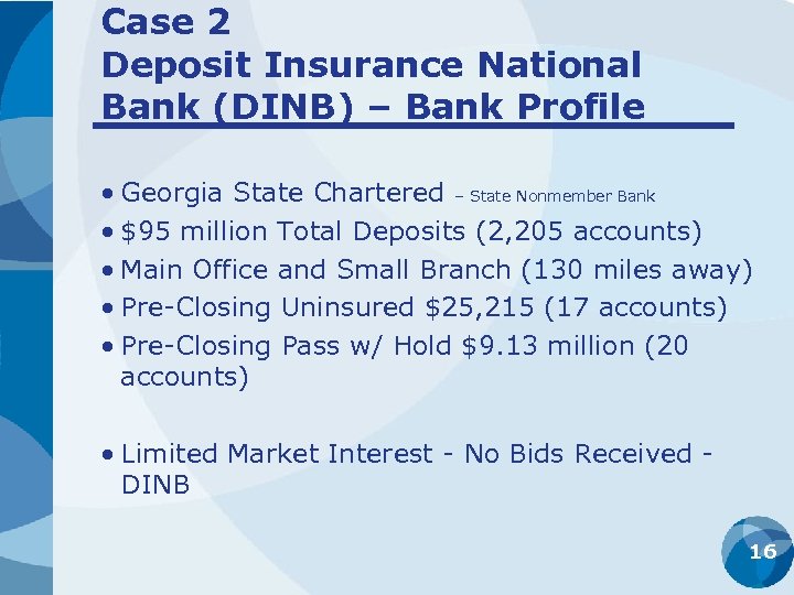 Case 2 Deposit Insurance National Bank (DINB) – Bank Profile • Georgia State Chartered