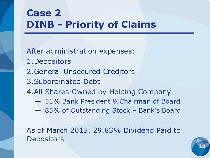 Case 2 DINB - Priority of Claims After administration expenses: 1. Depositors 2. General