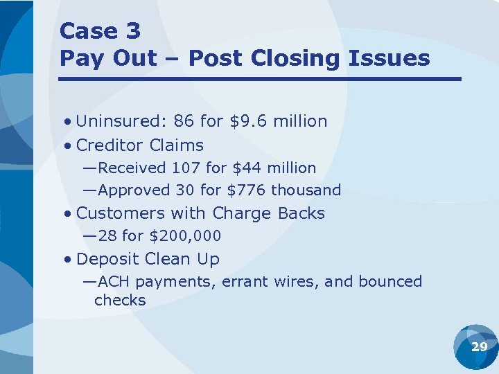 Case 3 Pay Out – Post Closing Issues • Uninsured: 86 for $9. 6