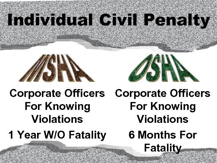 Individual Civil Penalty Corporate Officers For Knowing Violations 1 Year W/O Fatality 6 Months