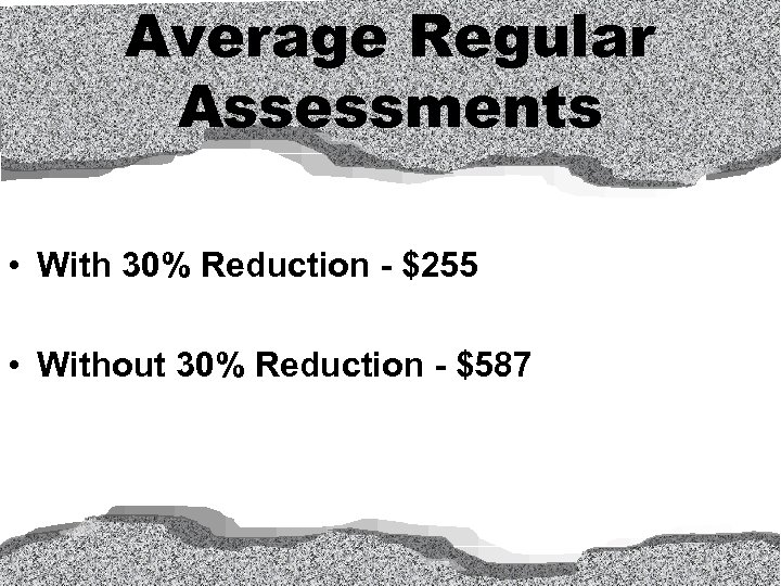 Average Regular Assessments • With 30% Reduction - $255 • Without 30% Reduction -