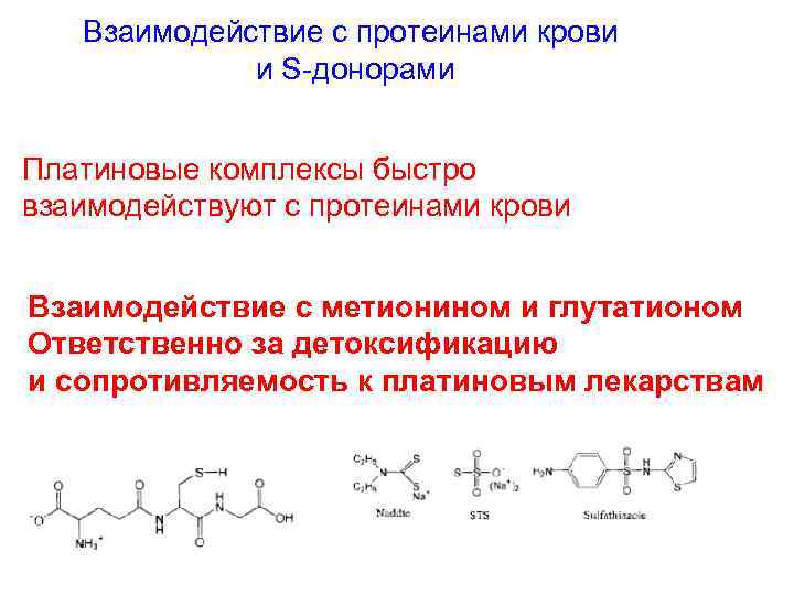 Взаимодействие с протеинами крови и S-донорами Платиновые комплексы быстро взаимодействуют с протеинами крови Взаимодействие
