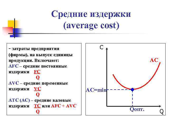 Средние издержки (average cost) - затраты предприятия (фирмы), на выпуск единицы продукции. Включают: AFC