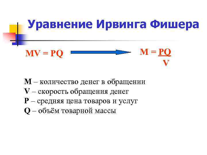 Уравнение Ирвинга Фишера MV = PQ M = PQ V M – количество денег