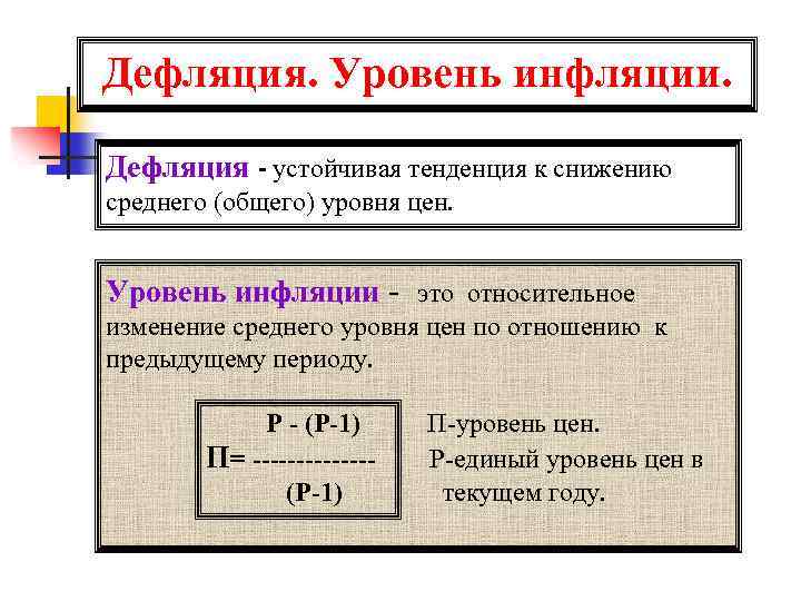 Дефляция. Уровень инфляции. Дефляция - устойчивая тенденция к снижению среднего (общего) уровня цен. Уровень