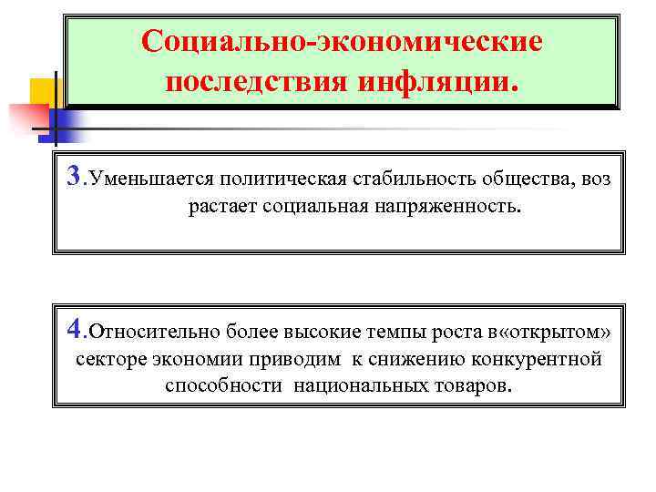 Социально-экономические последствия инфляции. 3. Уменьшается политическая стабильность общества, воз растает социальная напряженность. 4. Относительно