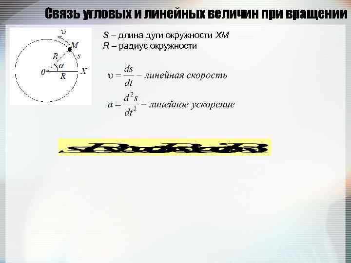 Связь угловых и линейных величин при вращении S – длина дуги окружности XM R