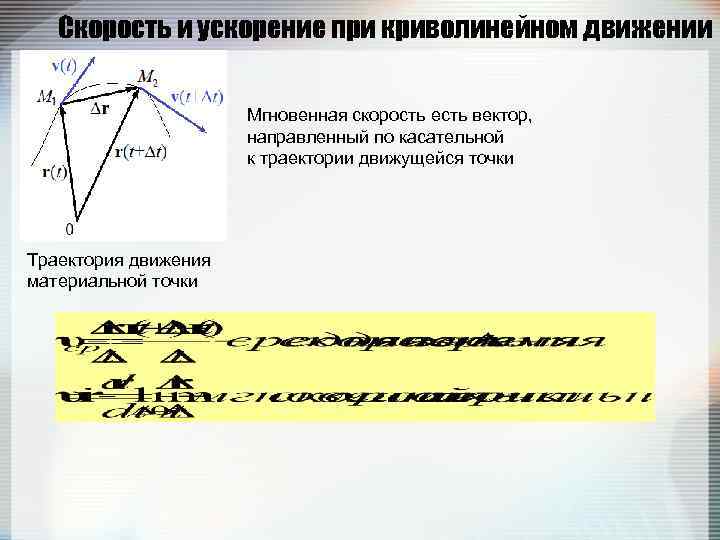 Скорость и ускорение при криволинейном движении Мгновенная скорость есть вектор, направленный по касательной к