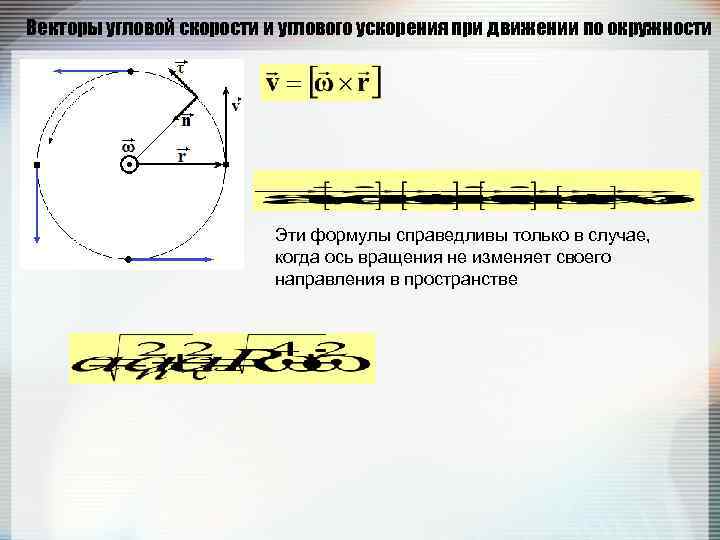 Векторы угловой скорости и углового ускорения при движении по окружности Эти формулы справедливы только